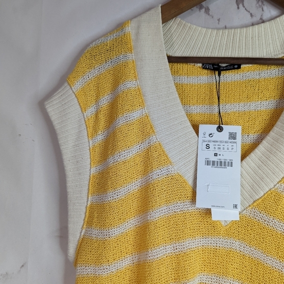 Zara Sweater Vest Yellow Stripe Tank Cotton V Neck Oversized Slouchy - Picture 3 of 10